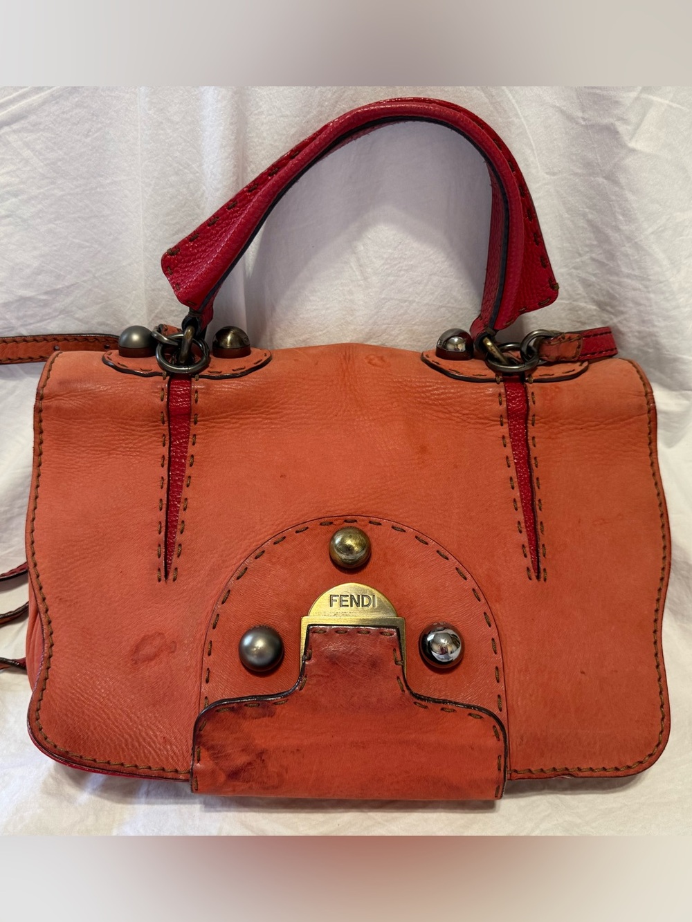 Fendi Selleria Y2K Coral Pink Leather Studded Satchel Bag Top Handle Crossbody